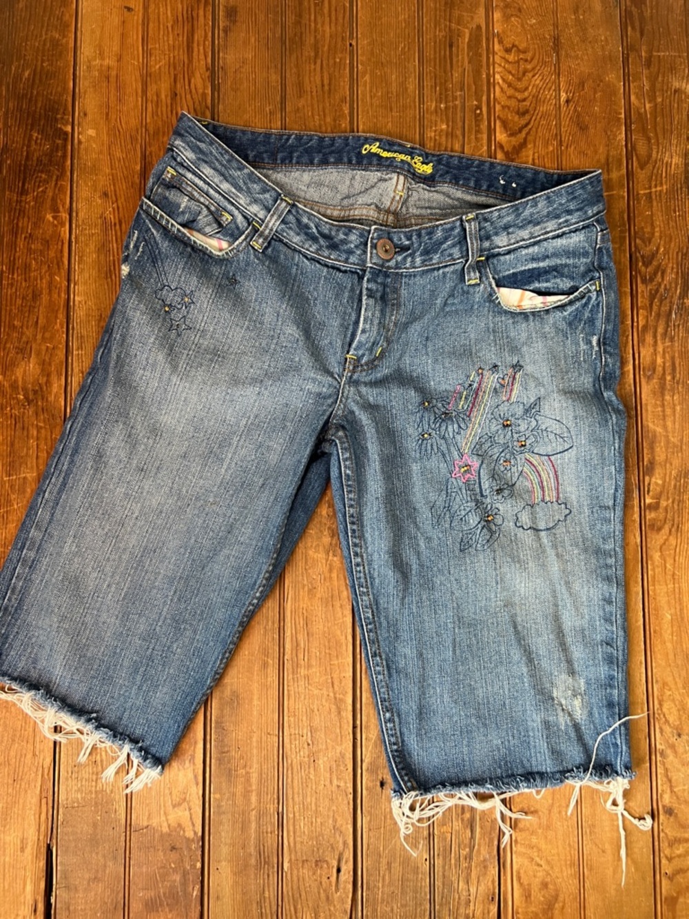 American Eagle Outfitters Medium Blue Denim Jean Shorts with Embroidery